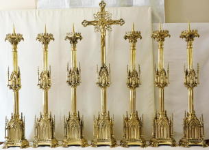 French Gothic Antique High Altar Set of Candlesticks and Crucifix